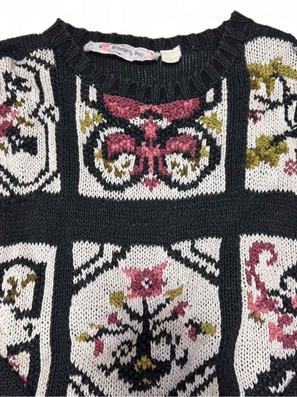 Black Floral Intarsia Crewneck Sweater with Pink Accents